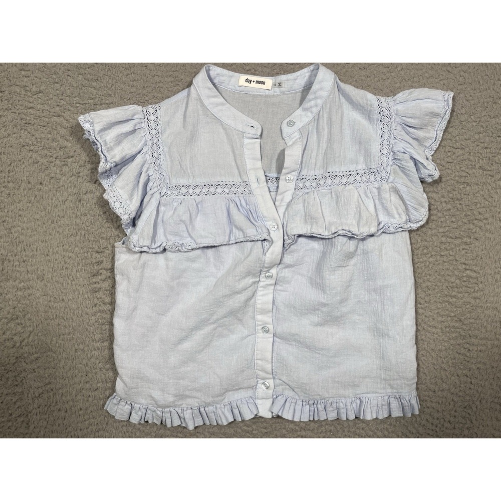 Day + Moon Blouse Small S Light Blue Boho Short Sleeve Ruffle Button Up Top Cute